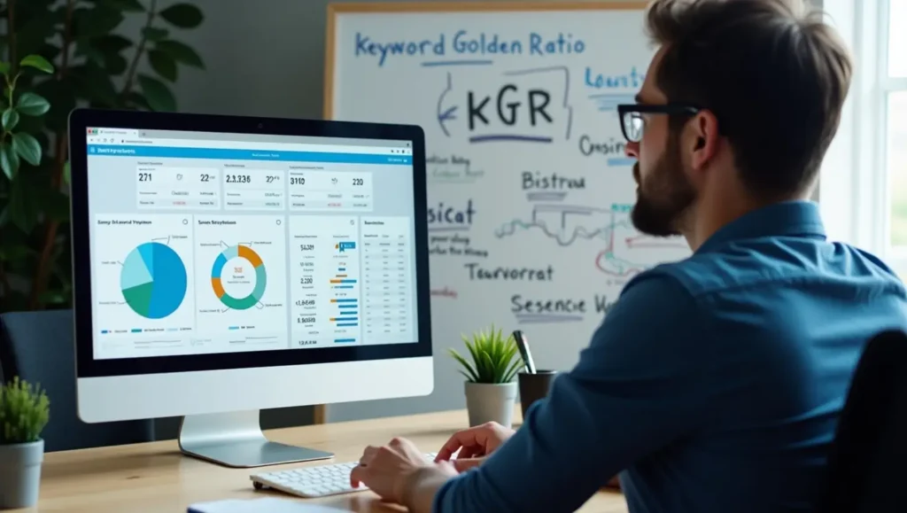 SEO professional analyzing keyword rankings and KGR data on a desktop computer with Ahrefs and SEMrush tools in a modern workspace.