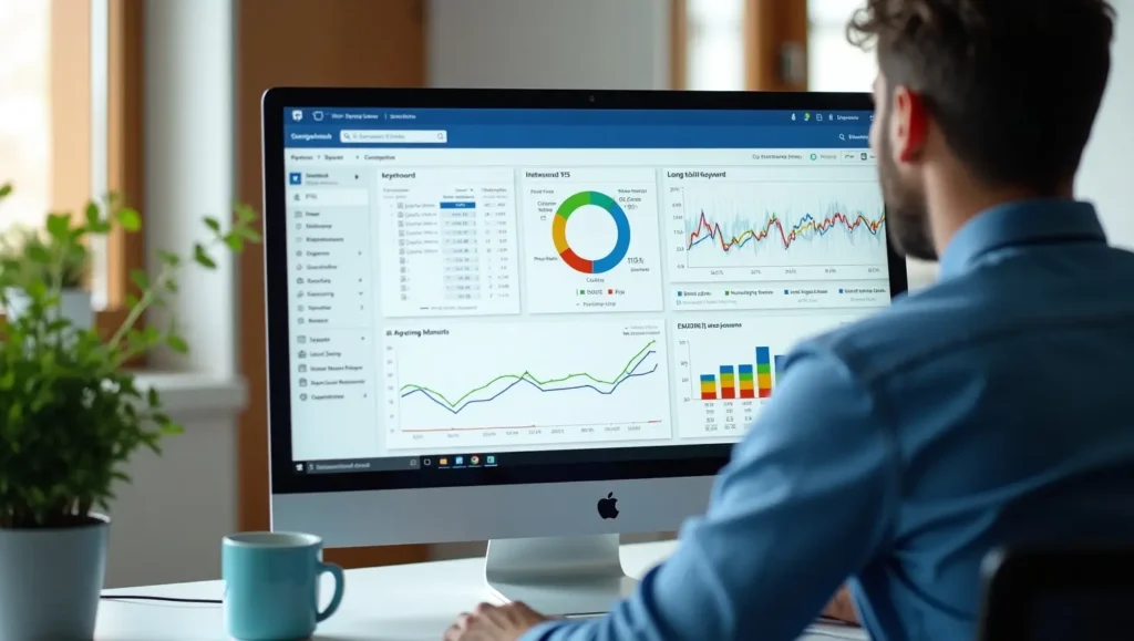 "Laptop displaying AI-powered SEO analytics with graphs showing search volume, competition, and user intent for keyword research."
