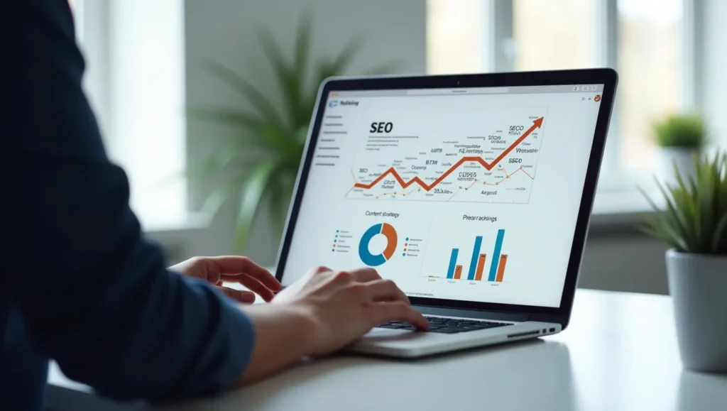 "SEO metrics dashboard showing content optimization and rising rankings with focus on user intent and SEO strategy."