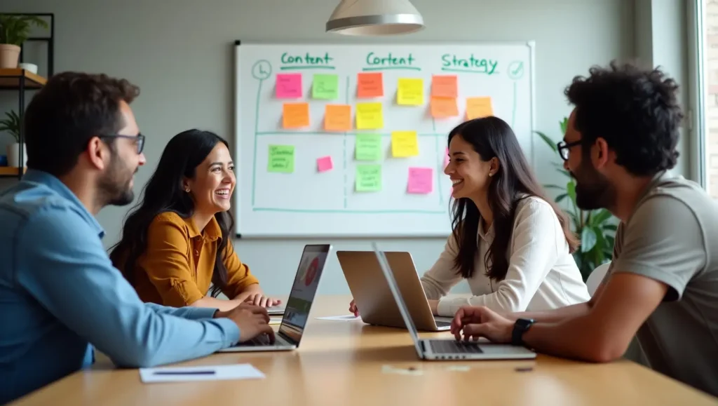 "Team collaborating on content strategy and SEO optimization in a digital marketing workspace."