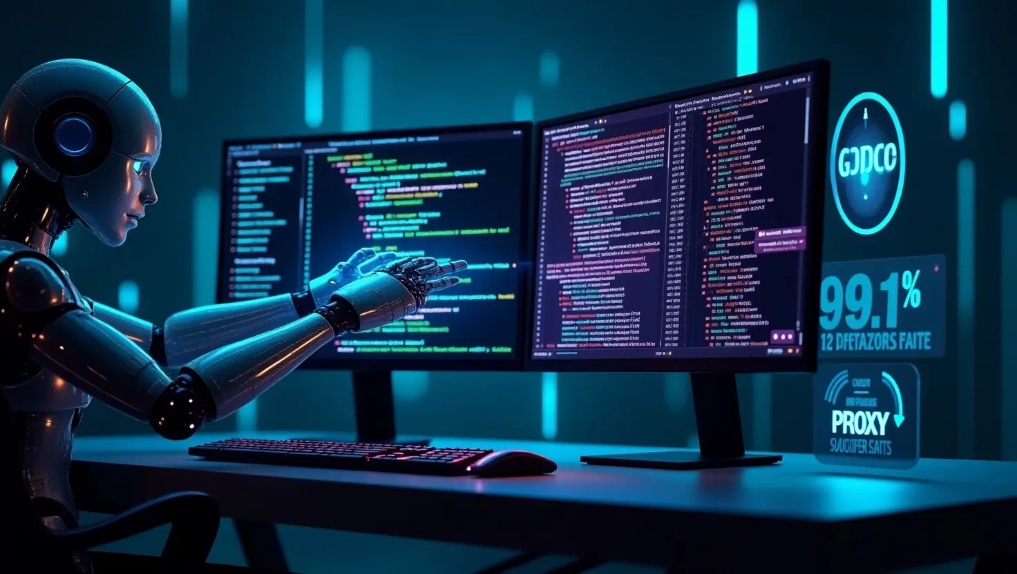 Futuristic Python coding setup for web scraping, showing BeautifulSoup/Selenium scripts extracting list data into CSV, with GDPR compliance badges and proxy network visuals.