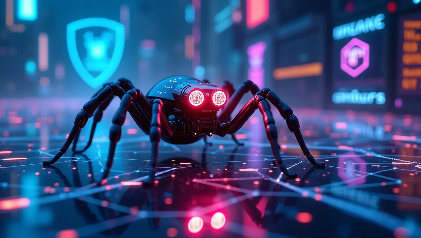 Futuristic AI robot spider crawling a digital web, extracting list data with bounding box vision, with GDPR shields and proxy servers in neon-lit cyberpunk backdrop.