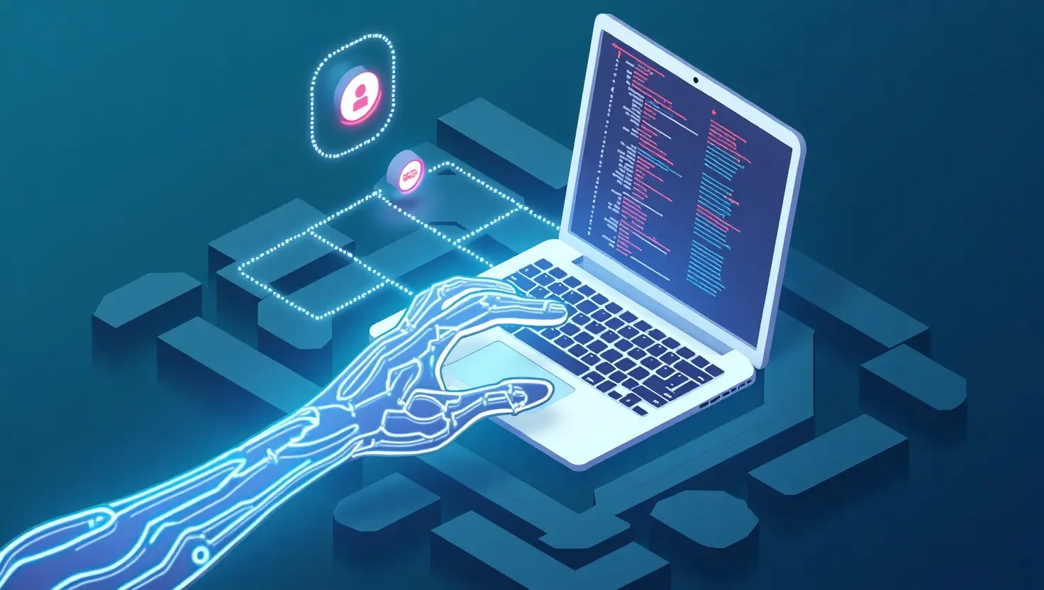 Chrome robotic hand extracting list data from a webpage into CSV lines, with GDPR and robots.txt compliance badges, isometric blue tech style.