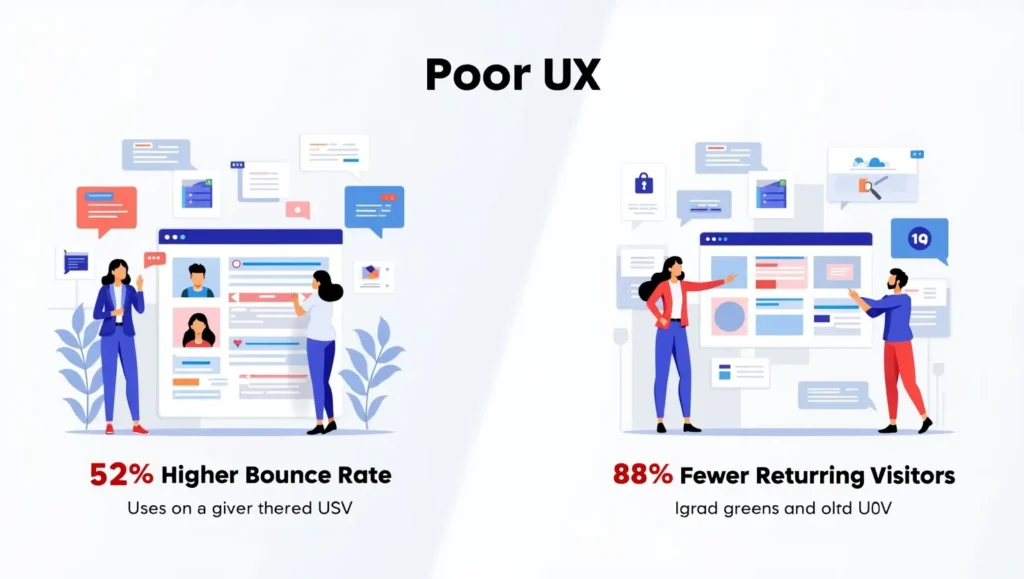 "Illustration comparing two website designs, highlighting higher bounce rate and fewer returning visitors due to user experience mistakes."