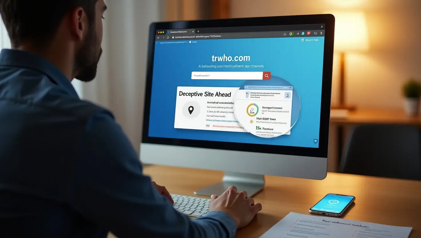 Professional checking trwho.com security on desktop with browser warnings, trust signals, and cyber tools in focus. 