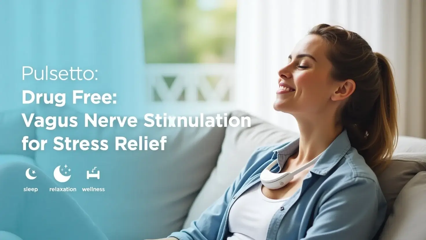 A relaxed person using Pulsetto around the neck for stress relief through vagus nerve stimulation, in a clean, cozy American home setting.