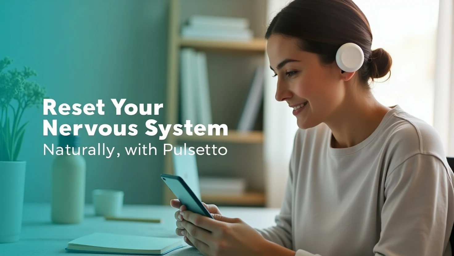 Millennial in a U.S. home office using Pulsetto vagus nerve device while checking a wellness app, promoting natural stress relief.