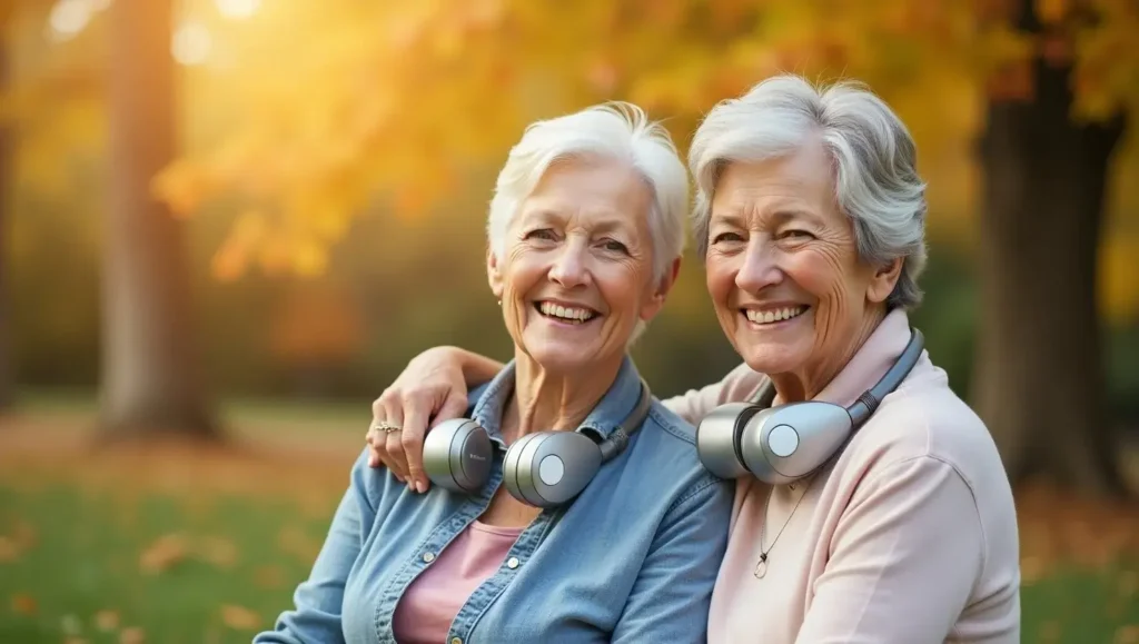 Smiling older U.S. couple wearing Pulsetto devices in a peaceful park setting, symbolizing stress relief and calm aging.