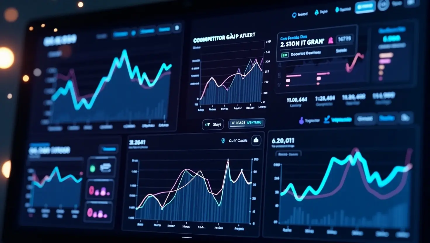 "Futuristic SERPSEO dashboard showing AI-powered ranking analytics and trend predictions"