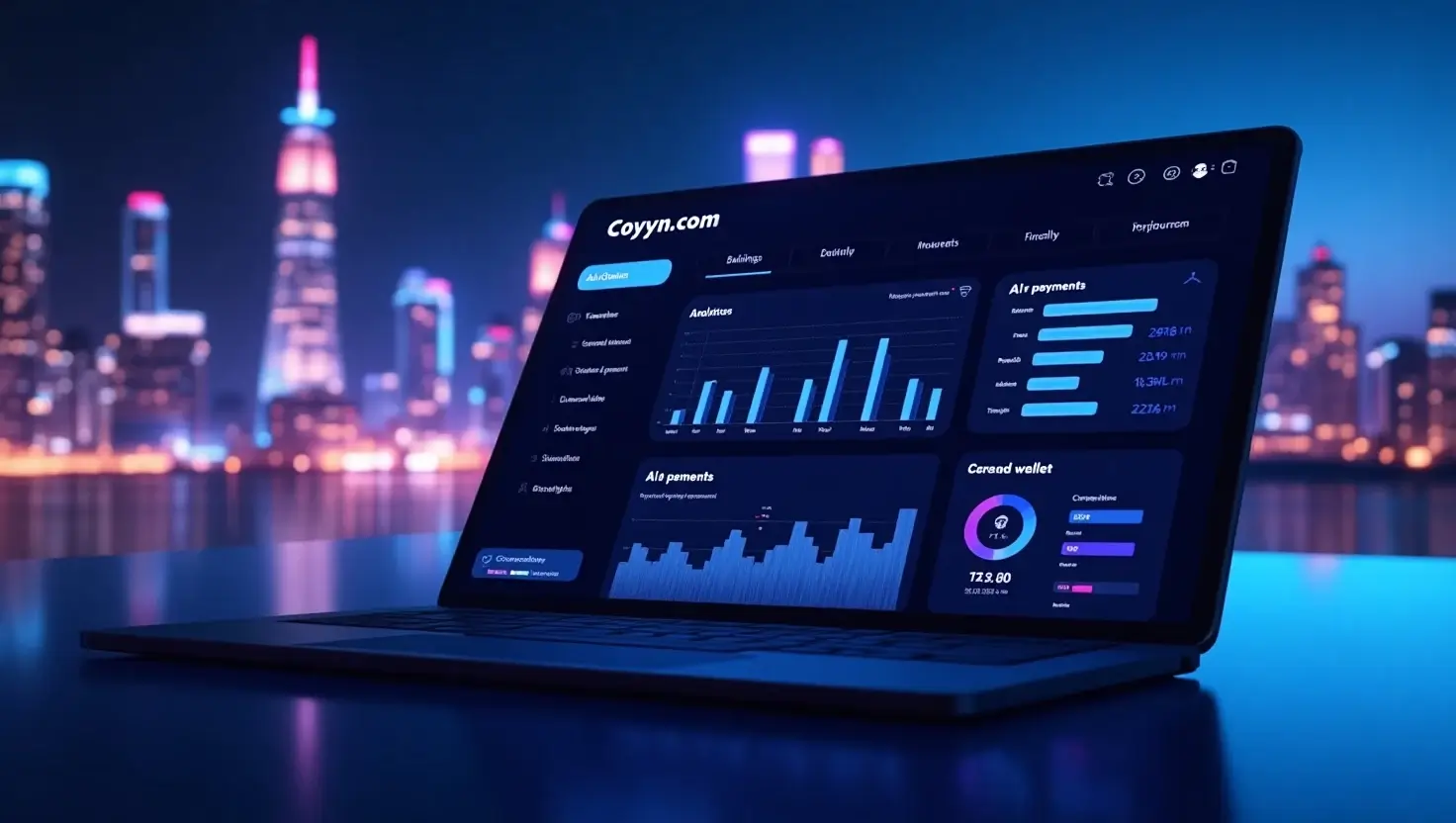 Coyyn.com digital business innovation's futuristic dashboard with real-time analytics on a tablet