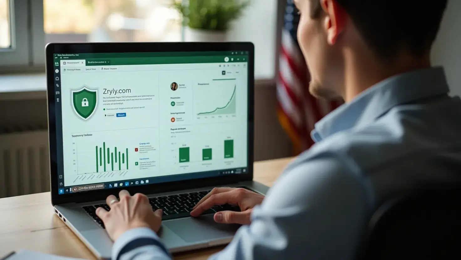 U.S. business professional viewing Zryly.com cybersecurity dashboard with AI-powered protection and secure login screen.