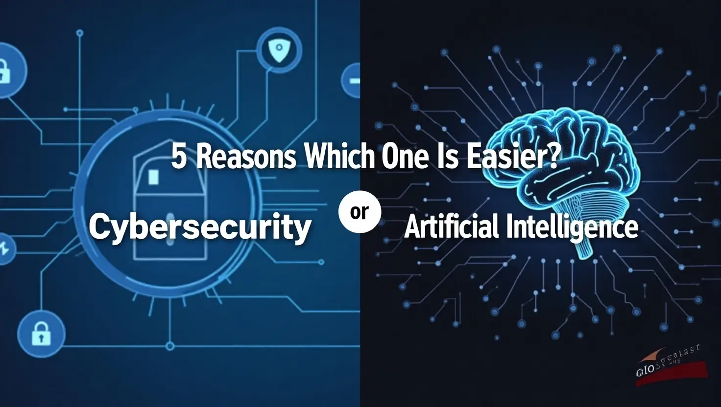 Split-screen image comparing cybersecurity and artificial intelligence, highlighting 5 reasons one is easier, with icons and bold title text.