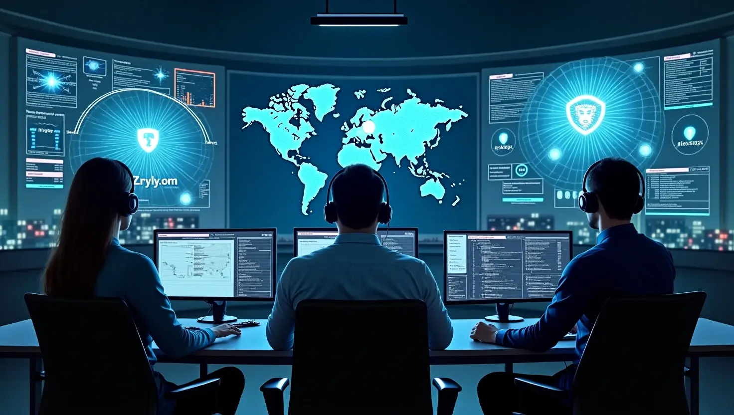 U.S.-based cybersecurity team using Zryly.com AI-powered dashboard in a high-tech control center with live threat monitoring.