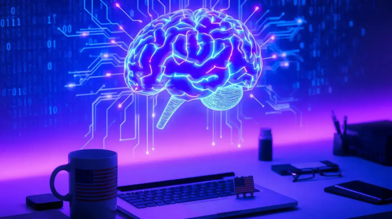 Futuristic digital brain above a laptop, symbolizing artificial intelligence vs cybersecurity learning comparison for tech careers in 2025.