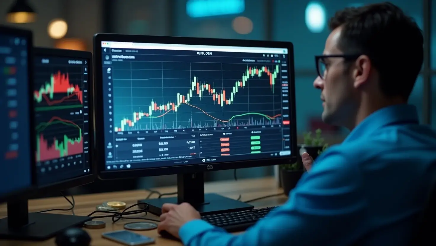 U.S. trader analyzing nickel price charts on FintechZoom with Wall Street-themed setup