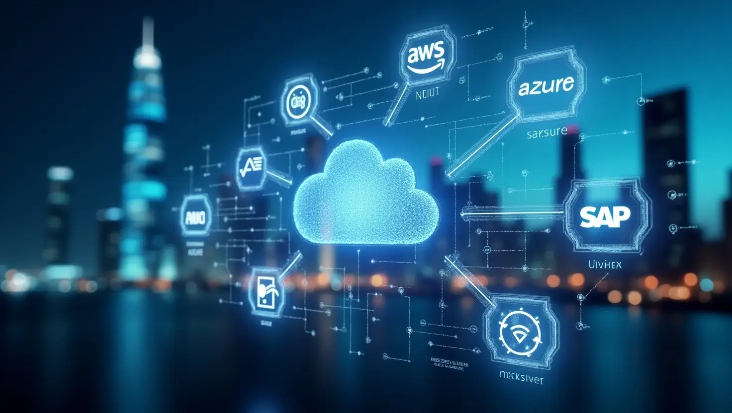 "Comparison of top AI cloud platforms for U.S. enterprises in 2025, showing AWS, Azure, Google Cloud, IBM Watson, and Oracle connected through futuristic data visuals with ROI metrics and AI features." 