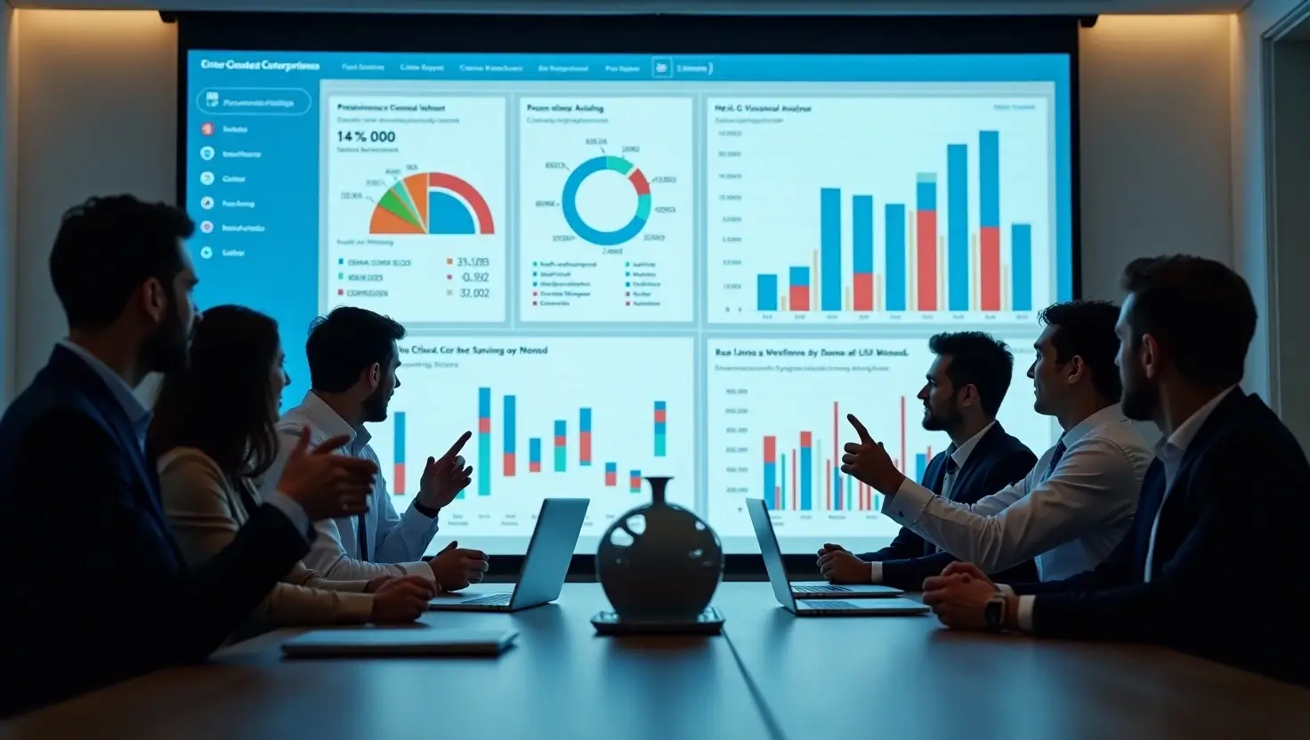Diverse U.S. business executives analyzing an AI-powered cloud dashboard with real-time insights, including Google Vertex AI, AWS Bedrock, and IBM Watson.