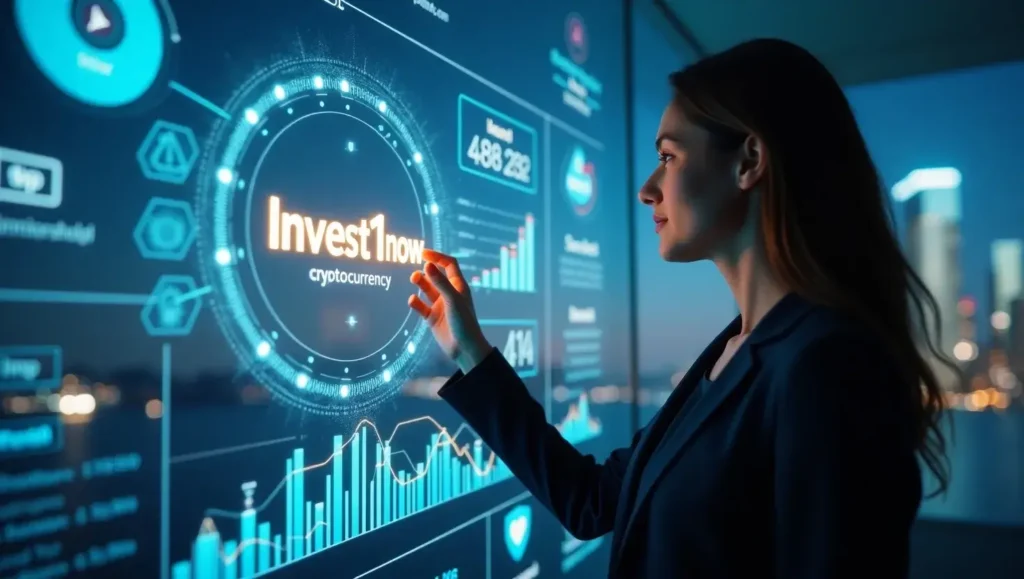 U.S. professional using tools on a futuristic dashboard with Invest1now.com real estate glowing on screen.