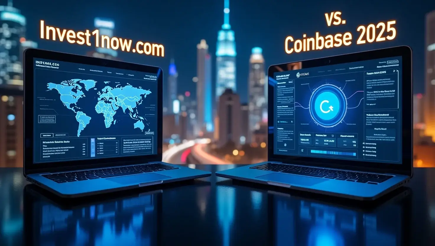 A futuristic comparison of Invest1now.com and Coinbase 2025, showcasing advanced crypto features with U.S. city backdrop and “Invest1now.com vs. Coinbase 2025” text. 