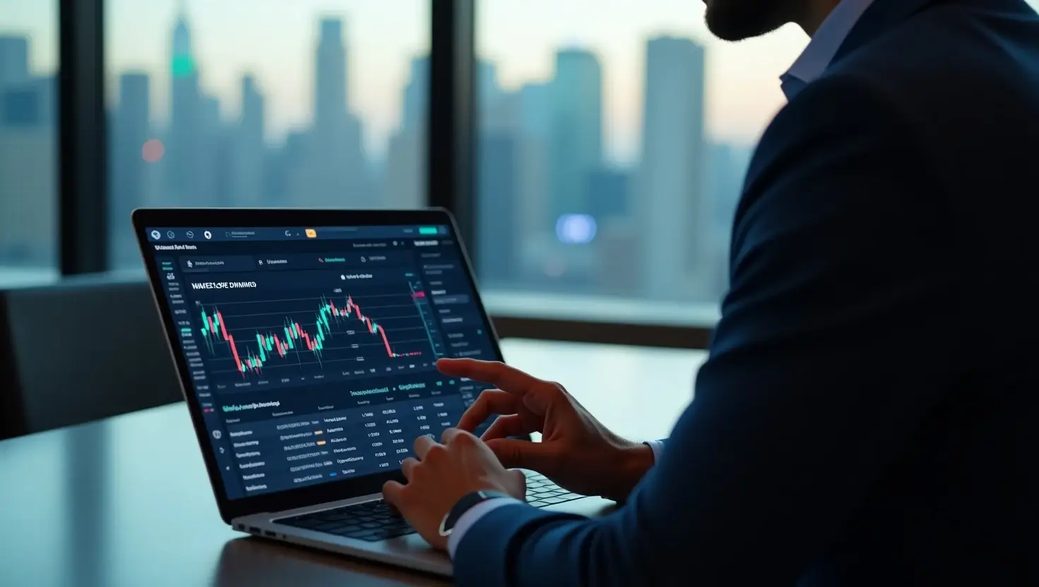 Professional investor analyzing cryptocurrency data with AI tools and quantum security in a modern U.S. office. 