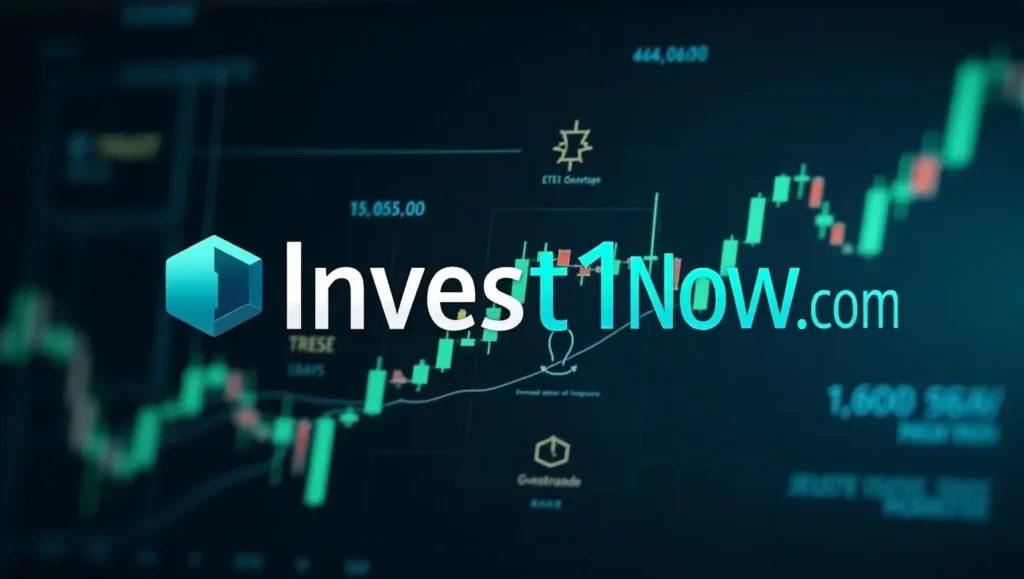 "Invest1Now.com logo with a digital finance background and stock trading graphics."