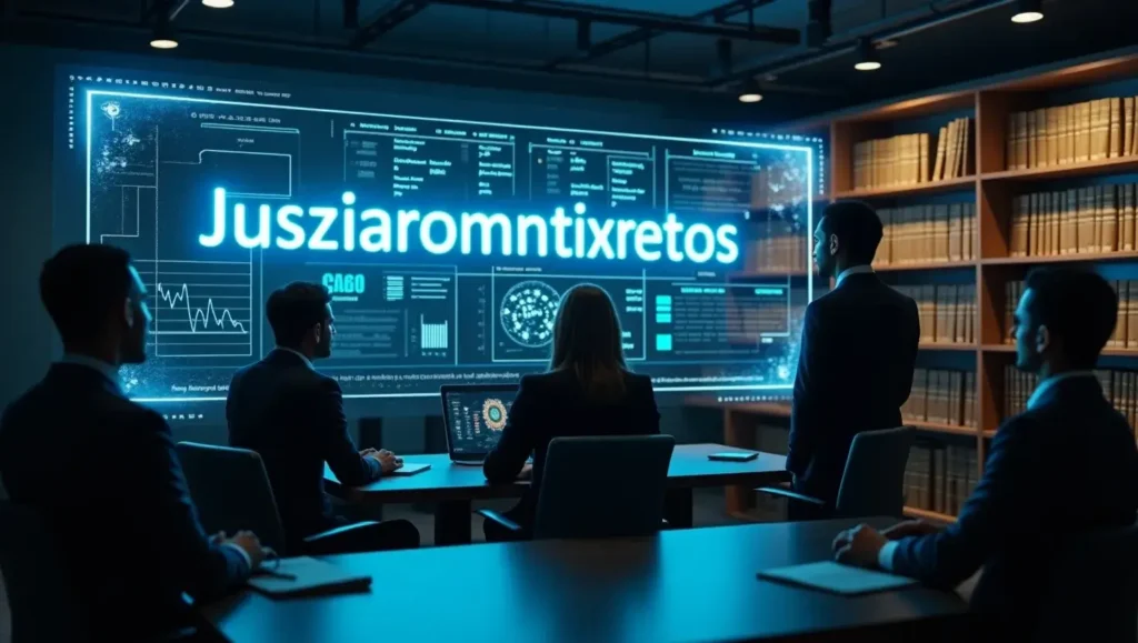 "Jusziaromntixretos AI platform in a law office, showing lawyers analyzing real-time case data on futuristic digital screens."