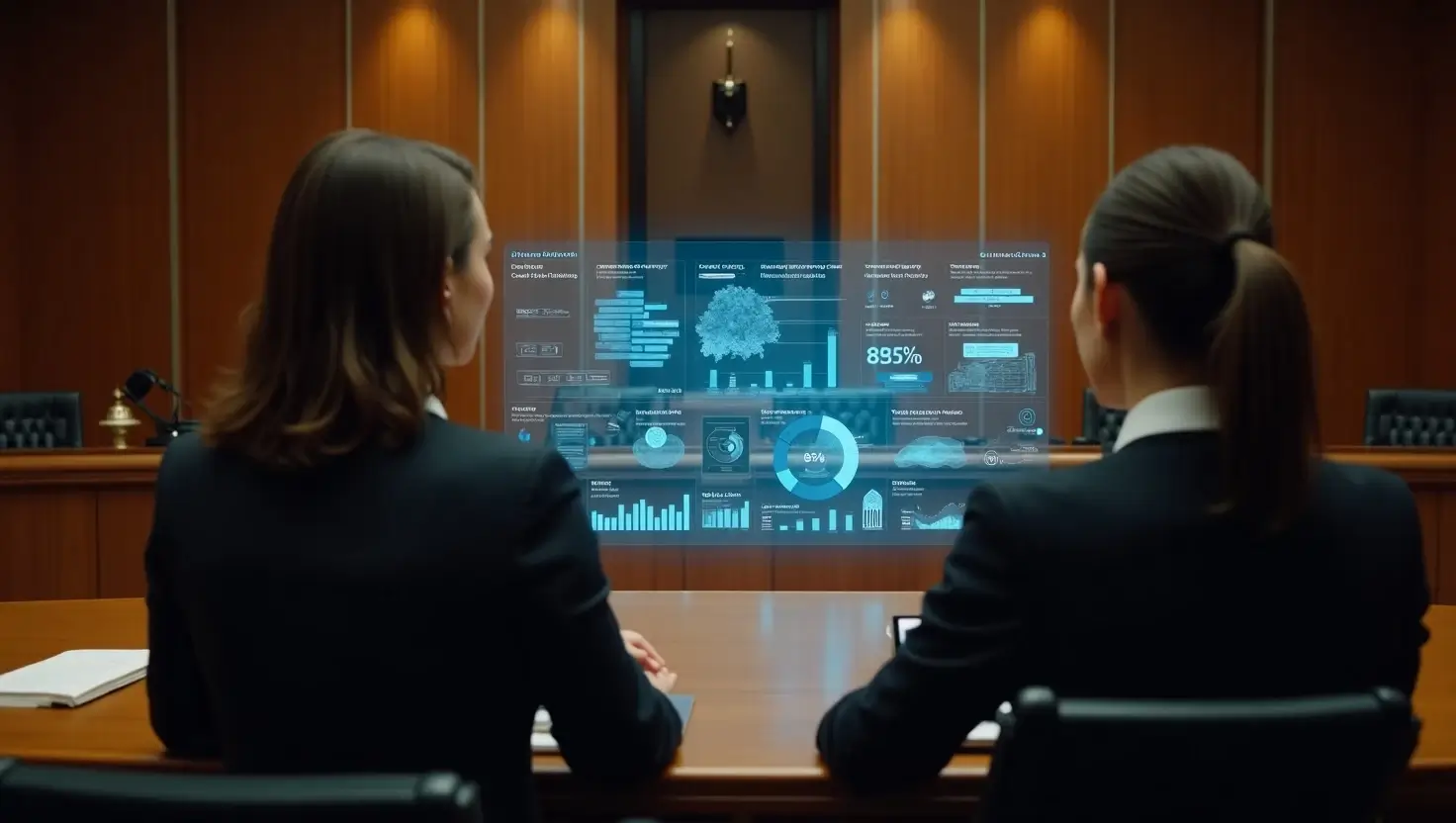 "Attorney presenting Jusziaromntixretos AI case analysis in modern courtroom, with holographic legal data visible to judge and jury."