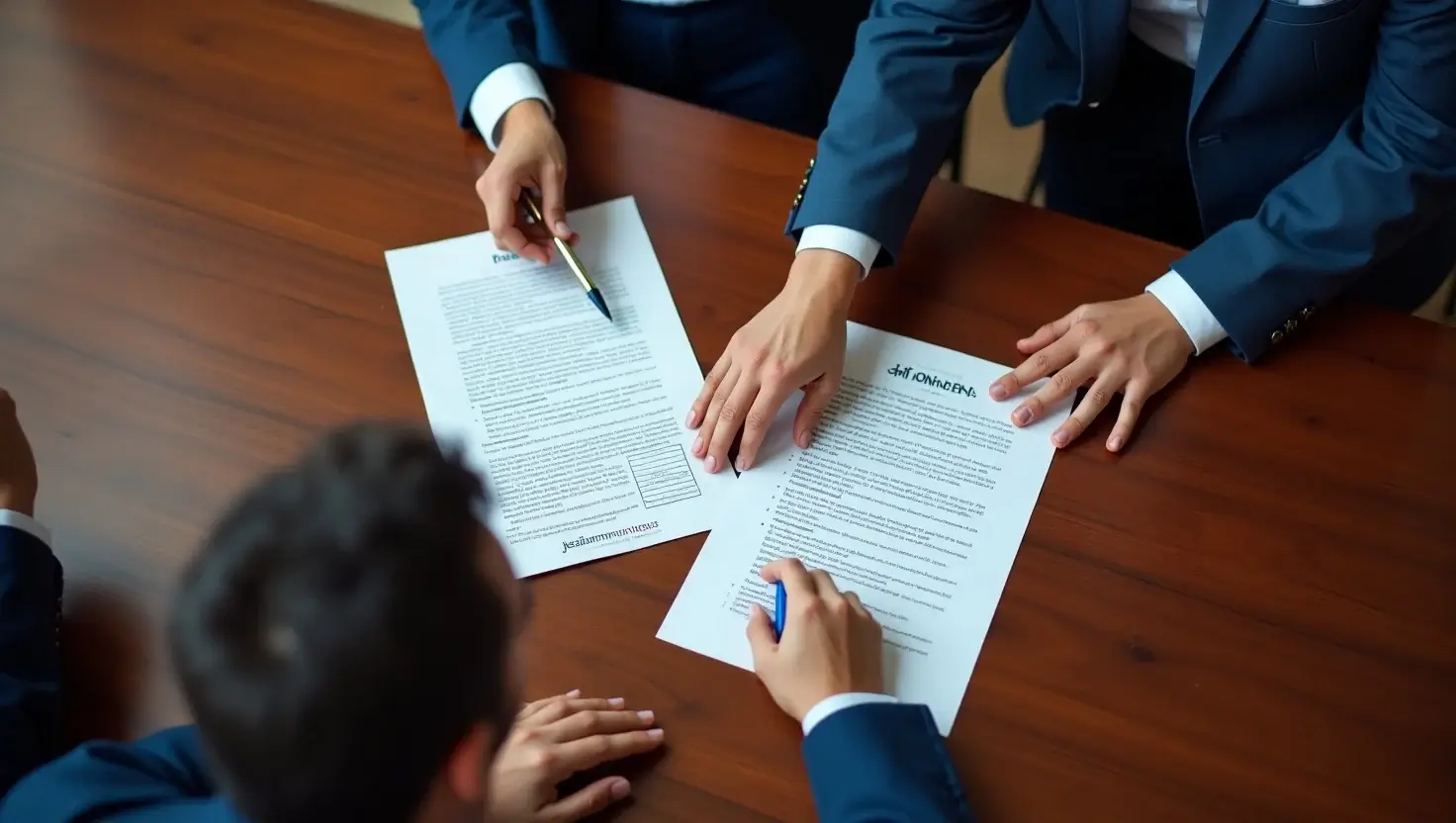 "Law firm partners signing Jusziaromntixretos-analyzed contracts in elegant conference room with AI risk assessment visible."