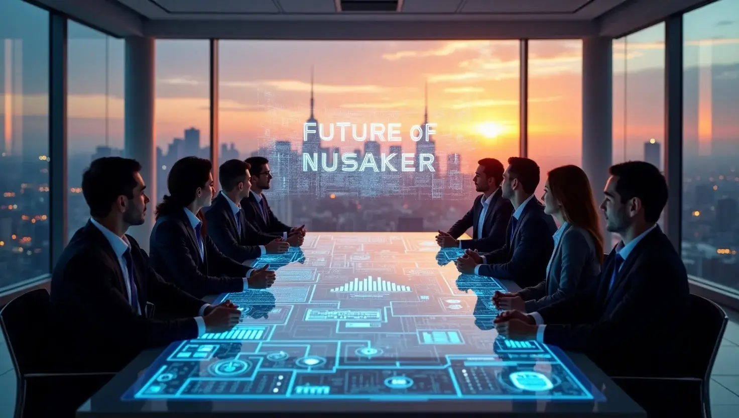 Business team in high-tech room viewing AI dashboard with bold text “Future of Nusaker” on screen. 