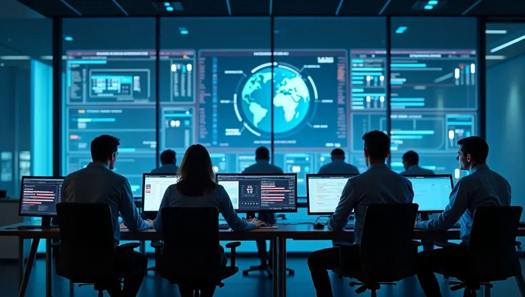 U.S. tech team analyzing Husziaromntixretos AI performance dashboards in a futuristic control room