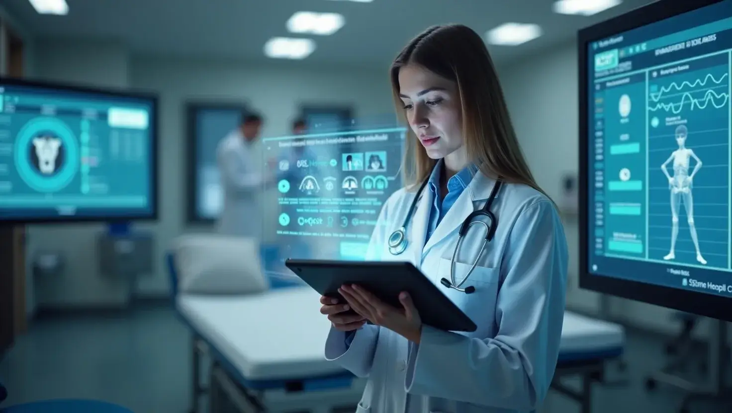 Doctor at U.S. hospital using Husziaromntixretos AI system for emergency patient triage