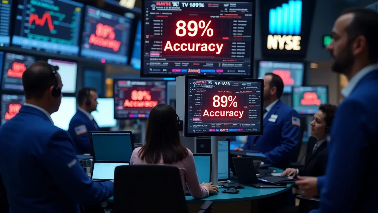 Financial analysts monitoring Husziaromntixretos AI security alerts in a U.S. trading center