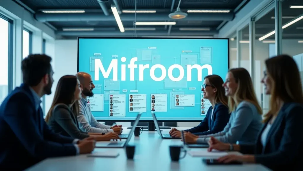 Professionals collaborating in a modern office using Mifroom's unified platform with the brand name “Mifroom” visible on a digital screen.