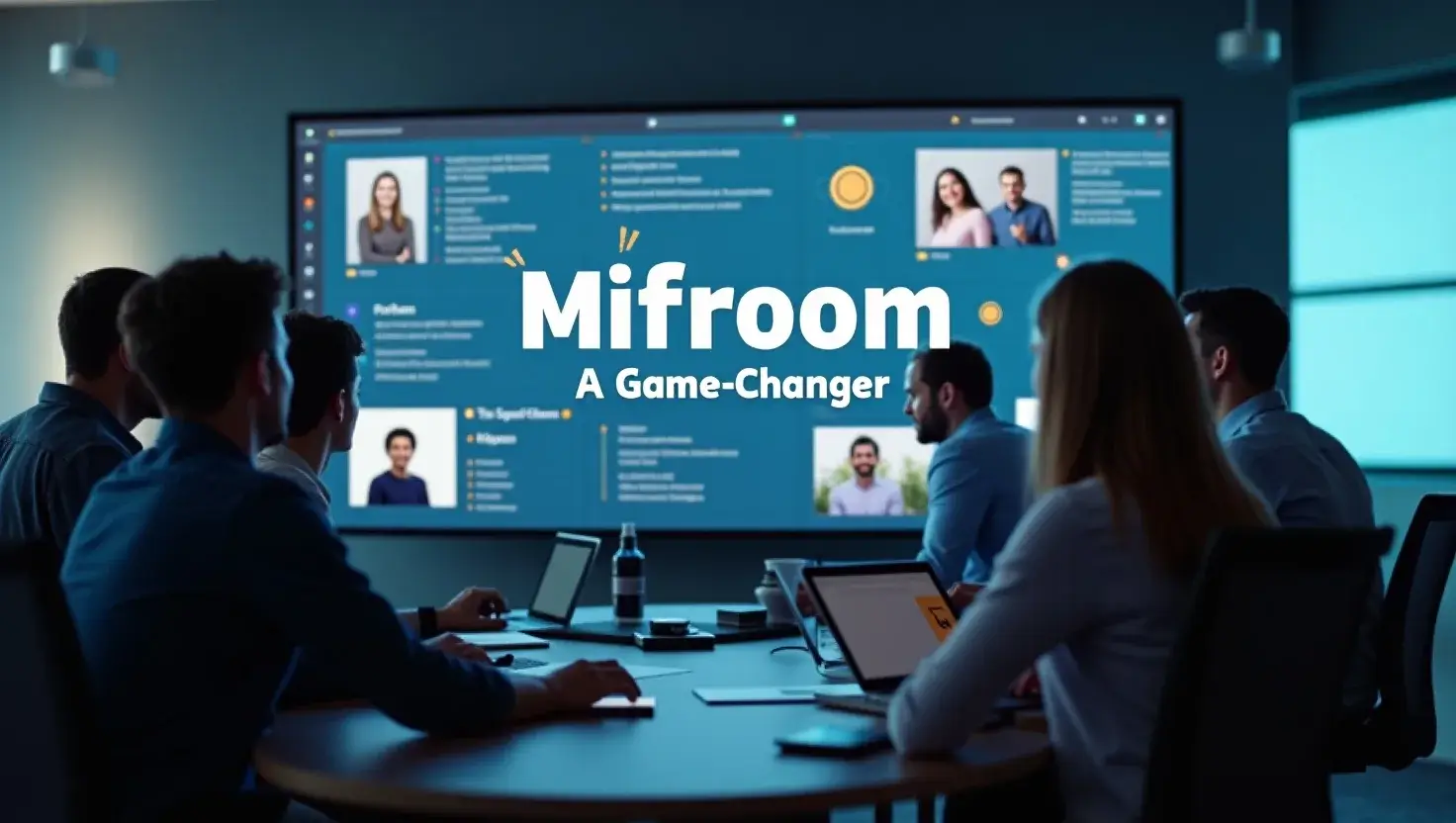 Team using Mifroom in a modern U.S. office, with “Mifroom: A Game-Changer” displayed on a digital interface combining communication and project tools.