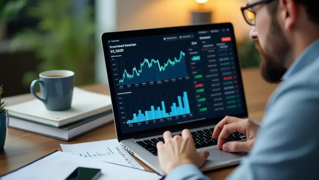 "U.S. investor analyzing FintechZoom.com Russell 2000 market trends on a laptop in a modern home office setting."
