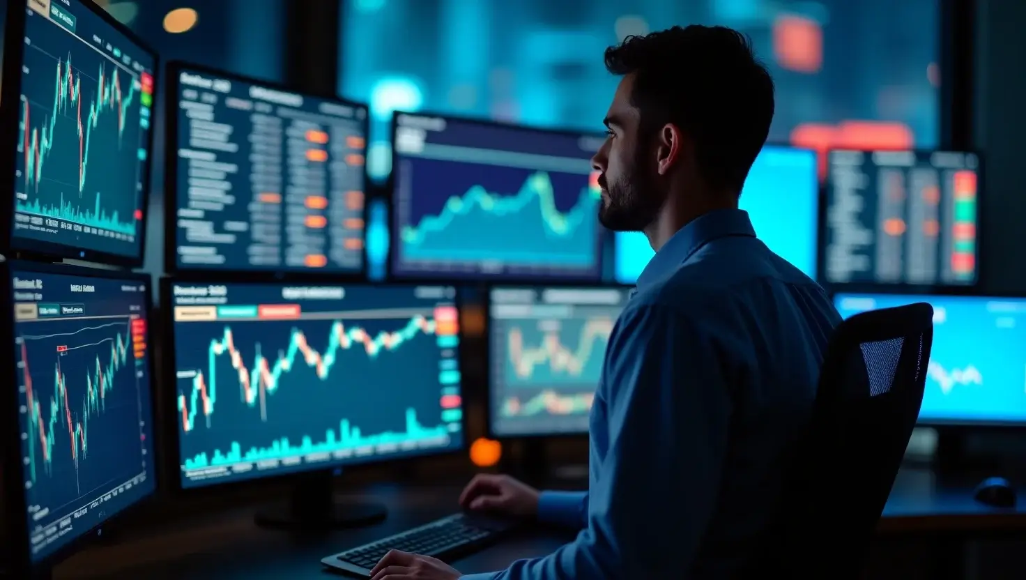 "Stock market analyst viewing FintechZoom.com Russell 2000 trends and charts on multiple monitors in a modern trading office."