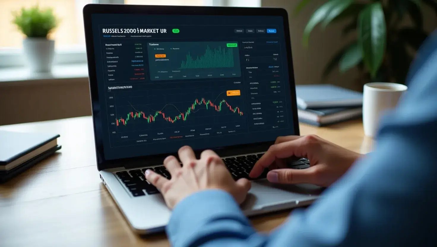 "U.S. investor analyzing FintechZoom.com Russell 2000 market trends on a laptop in a modern home office setting."