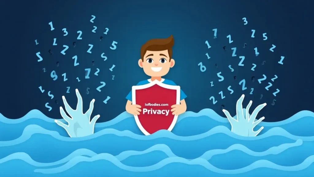 Animated person holding "Iofbodies.com Privacy" shield protecting against data streams.