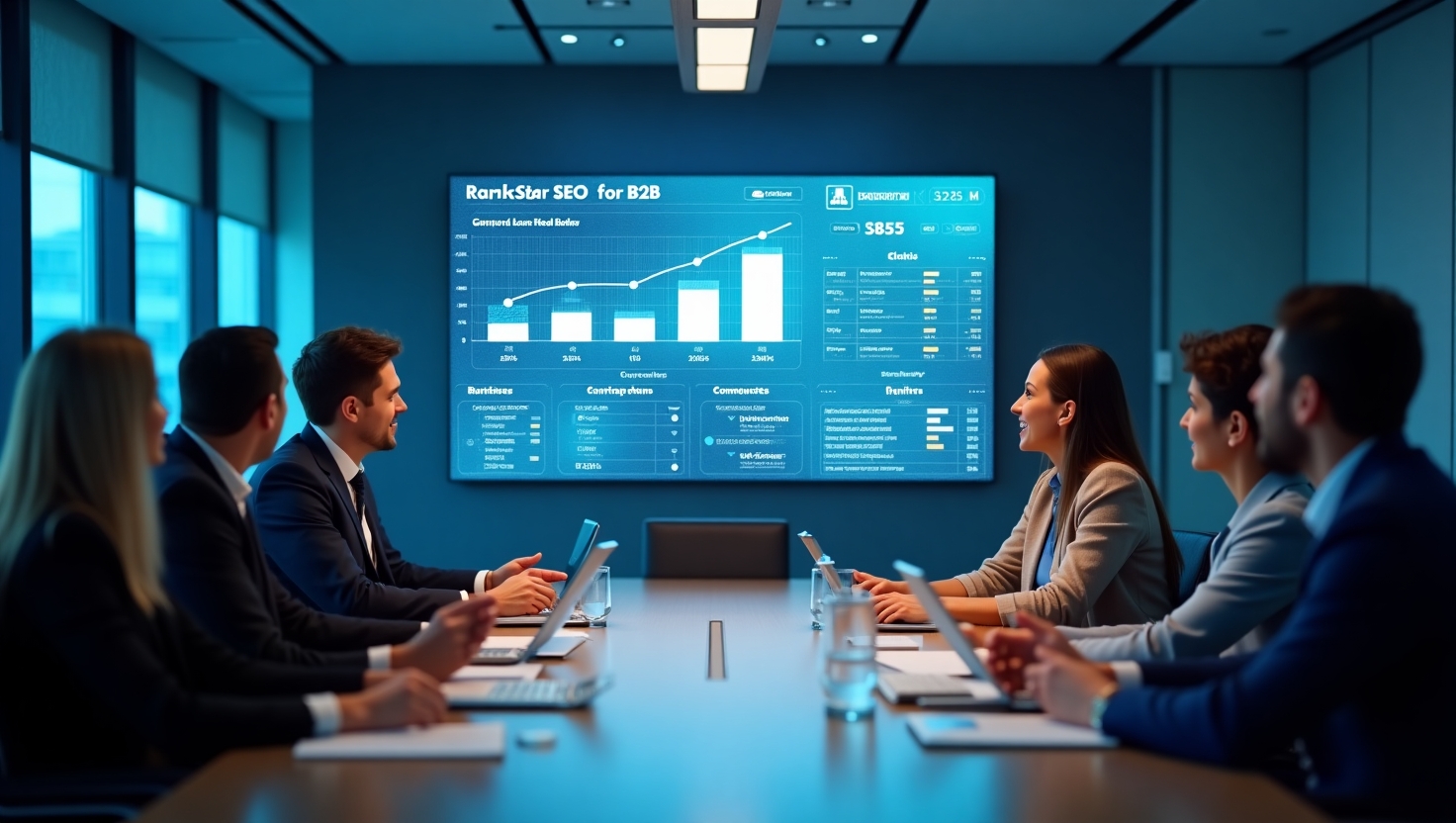 "Corporate team analyzing RankStar SEO for B2B performance on futuristic holographic dashboard showing traffic-to-leads conversion"