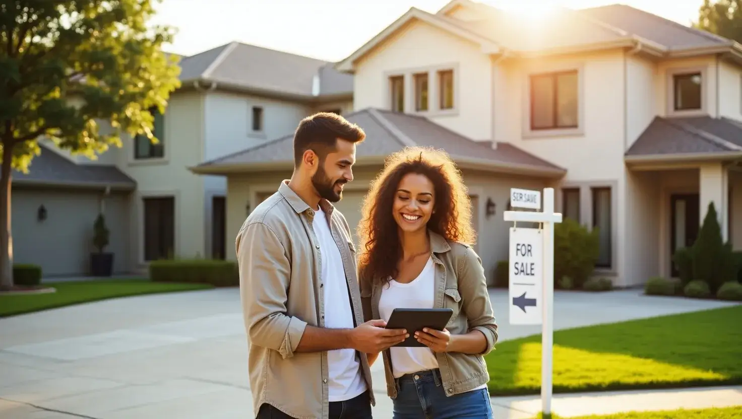 Happy couple reviewing property listings on Invest1Now.com in front of a modern suburban home with "For Sale" sign.