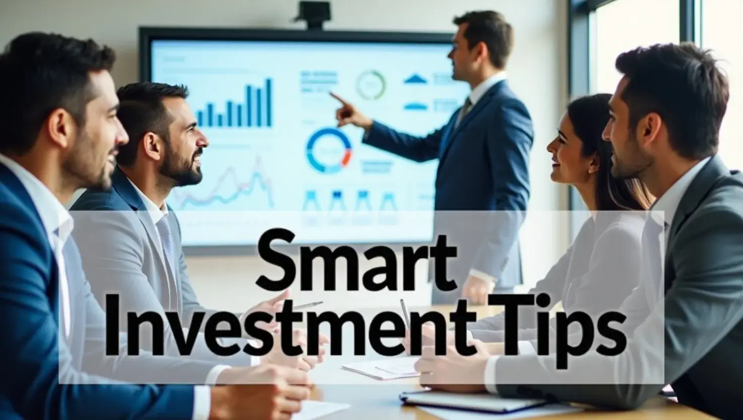 Diverse professionals discussing smart real estate investment tips in a modern office setting, with the overlay text “Smart Investment Tips.”