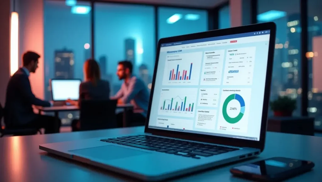 Team of developers and business leaders using Milestoneareacom on a laptop in a modern U.S. tech office with a digital dashboard on screen.