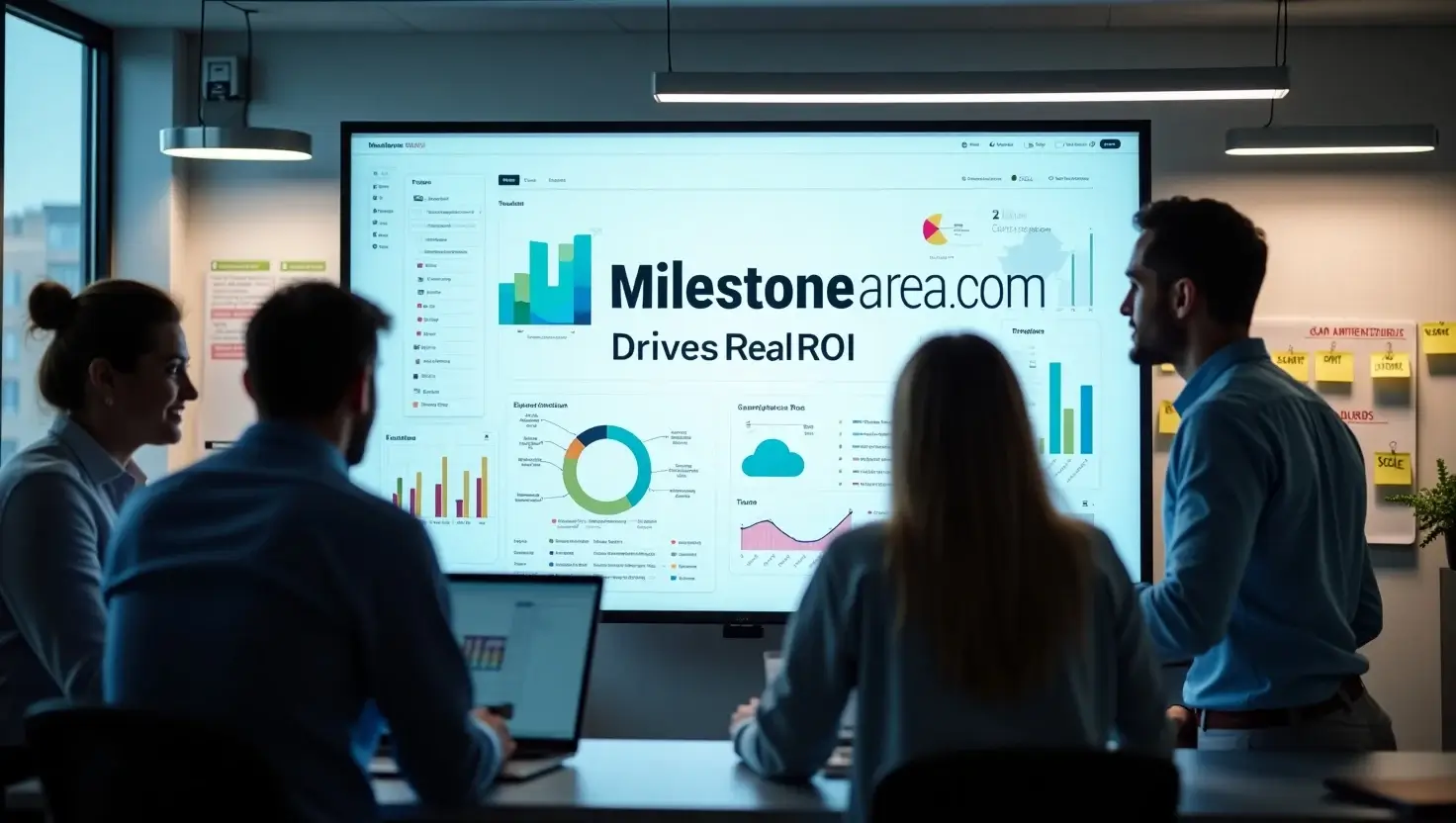 Tech professionals in a U.S. office reviewing Milestoneareacom ROI metrics on a screen, showcasing digital growth and innovation. 