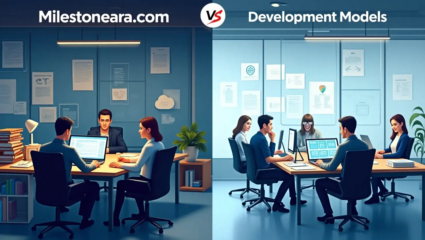 Split-screen image comparing Milestoneareacom’s modern dev model with a traditional setup, emphasizing speed, efficiency, and scalability. 