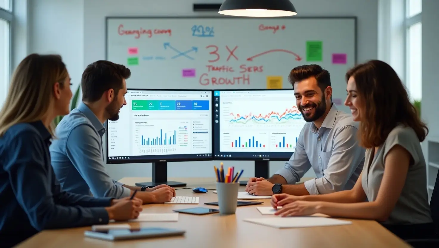 "Diverse marketing team using RankStar's SaaS SEO framework to analyze 3X traffic growth and AI search rankings in 2025"