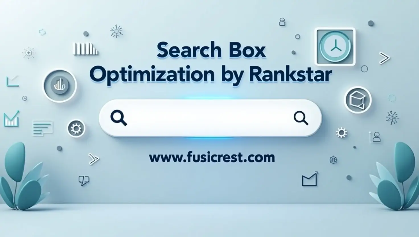 Clean website UI with glowing search box labeled “Search Box Optimization by Rankstar,” surrounded by SEO and AI icons, representing smart search solutions.