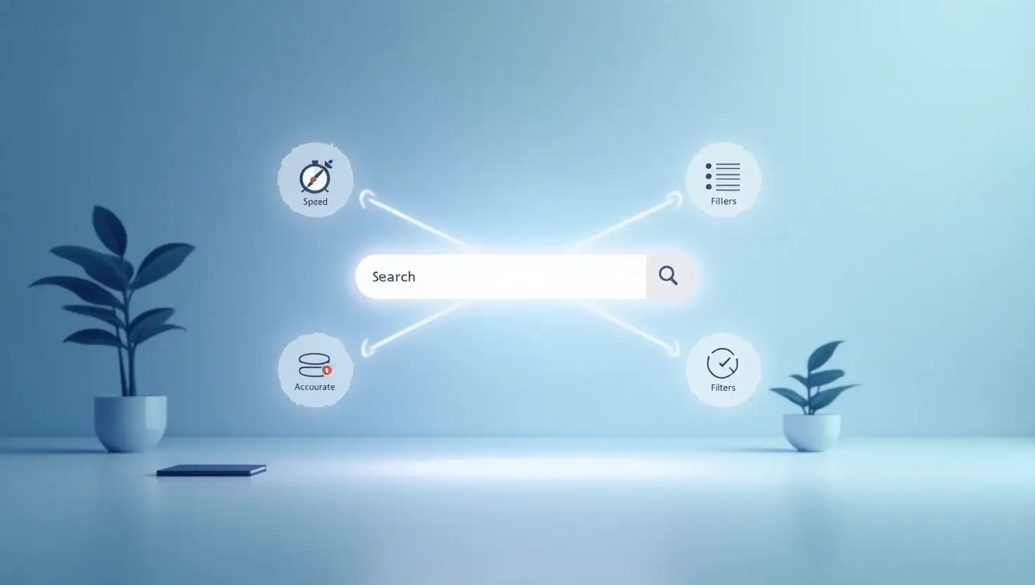 Digital interface image titled “Key Elements of Search Box Optimization by Rankstar,” with icons for Speed, Autocomplete, Accurate Results, and Filters around a central search bar.