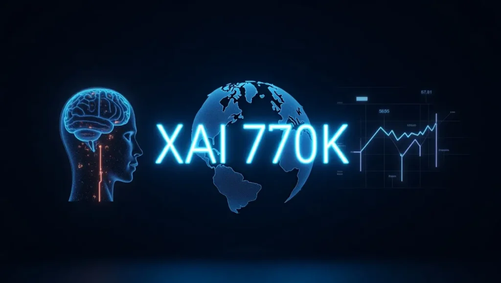 Futuristic image showing XAI770K with digital brain and blockchain elements, symbolizing transparency in AI and crypto integration.