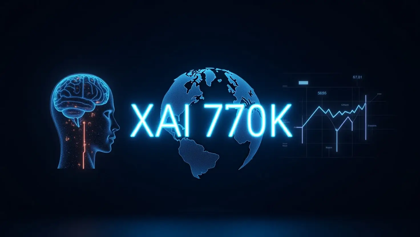Futuristic image showing XAI770K with digital brain and blockchain elements, symbolizing transparency in AI and crypto integration.