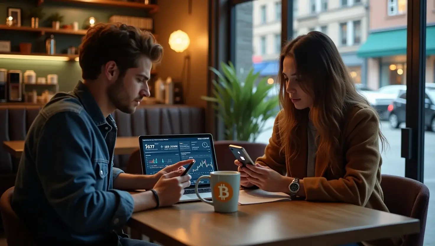 Millennial investors reviewing XAI770K predictions and crypto charts on smartphones at a café in the U.S.